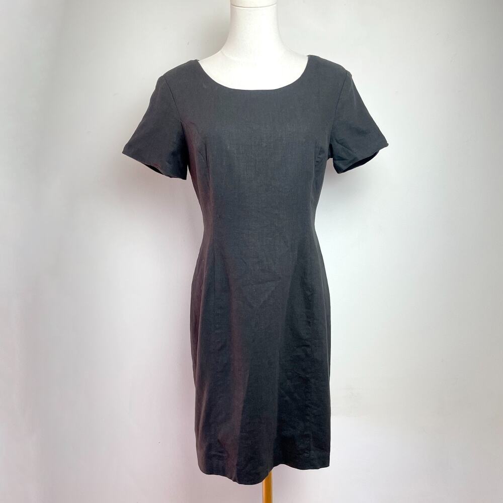 Vintage 80s 90s Black Linen Dress‎ Womens 6P Quiet Luxury Capsule LBD Minimalist